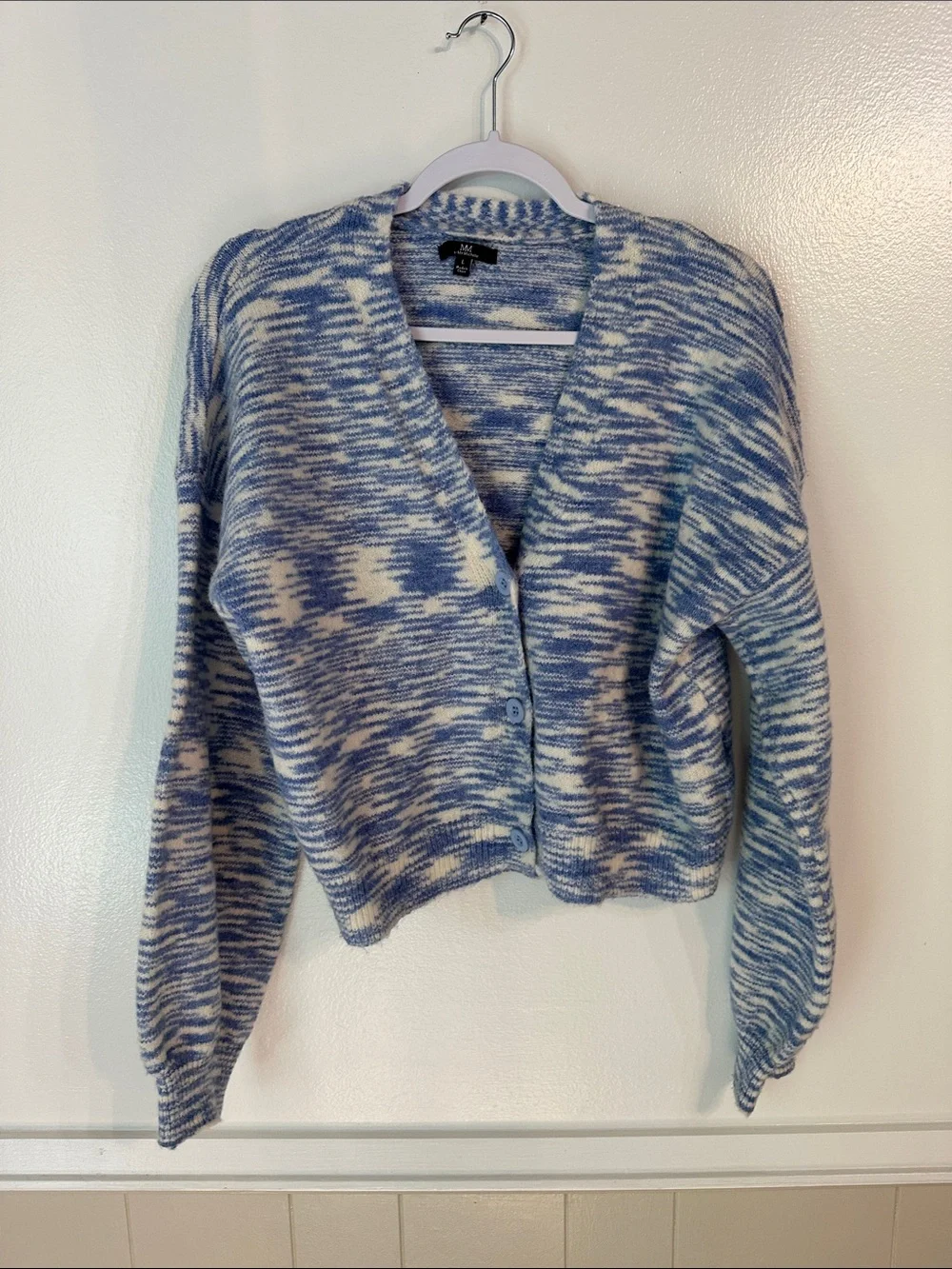 My Michelle Blue & Cream Marled Knit Cardigan and Matching Short Set size L